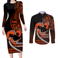 Personalised Hawaii Couples Matching Long Sleeve Bodycon Dress and Long Sleeve Button Shirts Maui Be Strong Kakau Orange Version - Wonder Print Shop