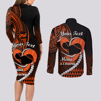 Personalised Hawaii Couples Matching Long Sleeve Bodycon Dress and Long Sleeve Button Shirts Maui Be Strong Kakau Orange Version - Wonder Print Shop