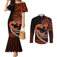 personalised-hawaii-couples-matching-mermaid-dress-and-long-sleeve-button-shirts-maui-be-strong-kakau-orange-version
