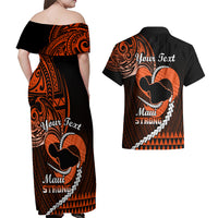 Personalised Hawaii Couples Matching Off Shoulder Maxi Dress and Hawaiian Shirt Maui Be Strong Kakau Orange Version - Wonder Print Shop