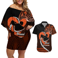 Personalised Hawaii Couples Matching Off Shoulder Short Dress and Hawaiian Shirt Maui Be Strong Kakau Orange Version - Wonder Print Shop