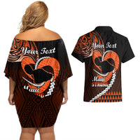 Personalised Hawaii Couples Matching Off Shoulder Short Dress and Hawaiian Shirt Maui Be Strong Kakau Orange Version - Wonder Print Shop
