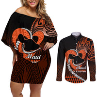 Personalised Hawaii Couples Matching Off Shoulder Short Dress and Long Sleeve Button Shirts Maui Be Strong Kakau Orange Version - Wonder Print Shop