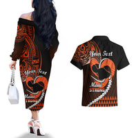 Personalised Hawaii Couples Matching Off The Shoulder Long Sleeve Dress and Hawaiian Shirt Maui Be Strong Kakau Orange Version - Wonder Print Shop
