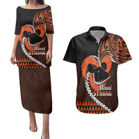 Personalised Hawaii Couples Matching Puletasi Dress and Hawaiian Shirt Maui Be Strong Kakau Orange Version - Wonder Print Shop