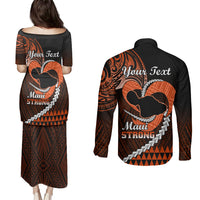Personalised Hawaii Couples Matching Puletasi Dress and Long Sleeve Button Shirts Maui Be Strong Kakau Orange Version - Wonder Print Shop
