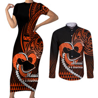 Personalised Hawaii Couples Matching Short Sleeve Bodycon Dress and Long Sleeve Button Shirts Maui Be Strong Kakau Orange Version - Wonder Print Shop