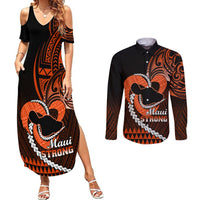 Personalised Hawaii Couples Matching Summer Maxi Dress and Long Sleeve Button Shirts Maui Be Strong Kakau Orange Version - Wonder Print Shop