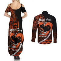 Personalised Hawaii Couples Matching Summer Maxi Dress and Long Sleeve Button Shirts Maui Be Strong Kakau Orange Version - Wonder Print Shop