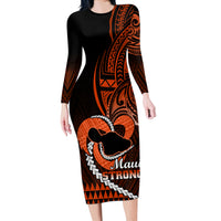 Personalised Hawaii Long Sleeve Bodycon Dress Maui Be Strong Kakau Orange Version - Wonder Print Shop