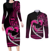 Personalised Hawaii Couples Matching Long Sleeve Bodycon Dress and Long Sleeve Button Shirts Maui Be Strong Kakau Pink Version - Wonder Print Shop