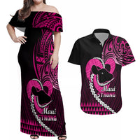 Personalised Hawaii Couples Matching Off Shoulder Maxi Dress and Hawaiian Shirt Maui Be Strong Kakau Pink Version - Wonder Print Shop
