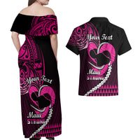 Personalised Hawaii Couples Matching Off Shoulder Maxi Dress and Hawaiian Shirt Maui Be Strong Kakau Pink Version - Wonder Print Shop