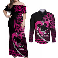 Personalised Hawaii Couples Matching Off Shoulder Maxi Dress and Long Sleeve Button Shirts Maui Be Strong Kakau Pink Version - Wonder Print Shop