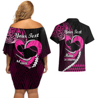Personalised Hawaii Couples Matching Off Shoulder Short Dress and Hawaiian Shirt Maui Be Strong Kakau Pink Version - Wonder Print Shop