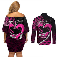 Personalised Hawaii Couples Matching Off Shoulder Short Dress and Long Sleeve Button Shirts Maui Be Strong Kakau Pink Version - Wonder Print Shop