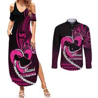 Personalised Hawaii Couples Matching Summer Maxi Dress and Long Sleeve Button Shirts Maui Be Strong Kakau Pink Version - Wonder Print Shop