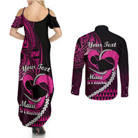 Personalised Hawaii Couples Matching Summer Maxi Dress and Long Sleeve Button Shirts Maui Be Strong Kakau Pink Version - Wonder Print Shop