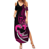 Women's black maxi dress with pink off-shoulder sleeves and heart Maui Strong print
