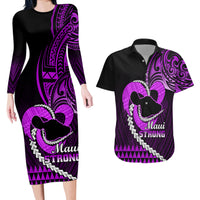 Personalised Hawaii Couples Matching Long Sleeve Bodycon Dress and Hawaiian Shirt Maui Be Strong Kakau Purple Version - Wonder Print Shop