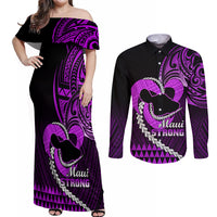 Personalised Hawaii Couples Matching Off Shoulder Maxi Dress and Long Sleeve Button Shirts Maui Be Strong Kakau Purple Version - Wonder Print Shop