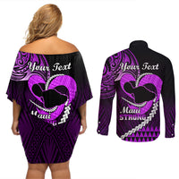 Personalised Hawaii Couples Matching Off Shoulder Short Dress and Long Sleeve Button Shirts Maui Be Strong Kakau Purple Version - Wonder Print Shop