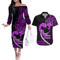 Personalised Hawaii Couples Matching Off The Shoulder Long Sleeve Dress and Hawaiian Shirt Maui Be Strong Kakau Purple Version - Wonder Print Shop