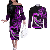 personalised-hawaii-couples-matching-off-the-shoulder-long-sleeve-dress-and-long-sleeve-button-shirts-maui-be-strong-kakau-purple-version