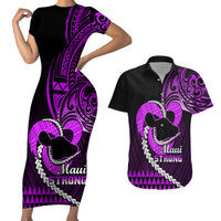 Personalised Hawaii Couples Matching Short Sleeve Bodycon Dress and Hawaiian Shirt Maui Be Strong Kakau Purple Version - Wonder Print Shop