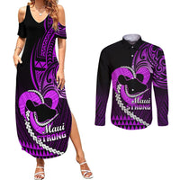 Personalised Hawaii Couples Matching Summer Maxi Dress and Long Sleeve Button Shirts Maui Be Strong Kakau Purple Version - Wonder Print Shop