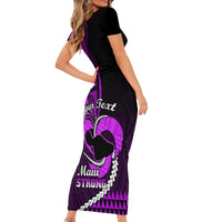 Personalised Hawaii Short Sleeve Bodycon Dress Maui Be Strong Kakau Purple Version - Wonder Print Shop