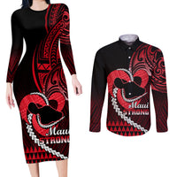 Personalised Hawaii Couples Matching Long Sleeve Bodycon Dress and Long Sleeve Button Shirts Maui Be Strong Kakau Red Version - Wonder Print Shop