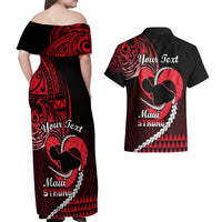 Personalised Hawaii Couples Matching Off Shoulder Maxi Dress and Hawaiian Shirt Maui Be Strong Kakau Red Version - Wonder Print Shop