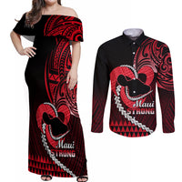 Personalised Hawaii Couples Matching Off Shoulder Maxi Dress and Long Sleeve Button Shirts Maui Be Strong Kakau Red Version - Wonder Print Shop