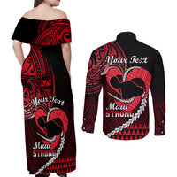 Personalised Hawaii Couples Matching Off Shoulder Maxi Dress and Long Sleeve Button Shirts Maui Be Strong Kakau Red Version - Wonder Print Shop