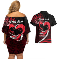 Personalised Hawaii Couples Matching Off Shoulder Short Dress and Hawaiian Shirt Maui Be Strong Kakau Red Version - Wonder Print Shop