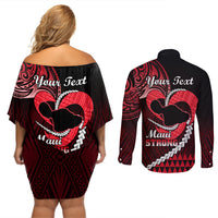 Personalised Hawaii Couples Matching Off Shoulder Short Dress and Long Sleeve Button Shirts Maui Be Strong Kakau Red Version - Wonder Print Shop