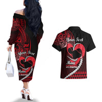 Personalised Hawaii Couples Matching Off The Shoulder Long Sleeve Dress and Hawaiian Shirt Maui Be Strong Kakau Red Version - Wonder Print Shop