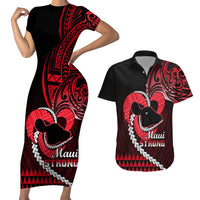 Personalised Hawaii Couples Matching Short Sleeve Bodycon Dress and Hawaiian Shirt Maui Be Strong Kakau Red Version - Wonder Print Shop
