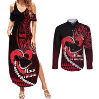 Personalised Hawaii Couples Matching Summer Maxi Dress and Long Sleeve Button Shirts Maui Be Strong Kakau Red Version - Wonder Print Shop