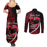 Personalised Hawaii Couples Matching Summer Maxi Dress and Long Sleeve Button Shirts Maui Be Strong Kakau Red Version - Wonder Print Shop