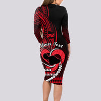 Personalised Hawaii Long Sleeve Bodycon Dress Maui Be Strong Kakau Red Version - Wonder Print Shop