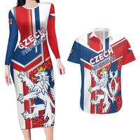 Personalised Czech Republic Couples Matching Long Sleeve Bodycon Dress and Hawaiian Shirt Czechia Lion Rosa Pattern - Wonder Print Shop