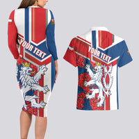 Personalised Czech Republic Couples Matching Long Sleeve Bodycon Dress and Hawaiian Shirt Czechia Lion Rosa Pattern - Wonder Print Shop