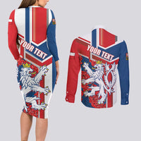 Personalised Czech Republic Couples Matching Long Sleeve Bodycon Dress and Long Sleeve Button Shirt Czechia Lion Rosa Pattern - Wonder Print Shop
