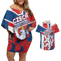 Personalised Czech Republic Couples Matching Off Shoulder Short Dress and Hawaiian Shirt Czechia Lion Rosa Pattern - Wonder Print Shop