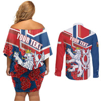 Personalised Czech Republic Couples Matching Off Shoulder Short Dress and Long Sleeve Button Shirt Czechia Lion Rosa Pattern - Wonder Print Shop
