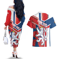 Personalised Czech Republic Couples Matching Off The Shoulder Long Sleeve Dress and Hawaiian Shirt Czechia Lion Rosa Pattern - Wonder Print Shop