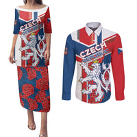 Personalised Czech Republic Couples Matching Puletasi and Long Sleeve Button Shirt Czechia Lion Rosa Pattern - Wonder Print Shop