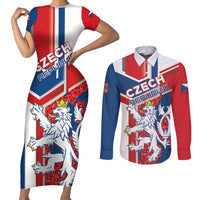 Personalised Czech Republic Couples Matching Short Sleeve Bodycon Dress and Long Sleeve Button Shirt Czechia Lion Rosa Pattern - Wonder Print Shop